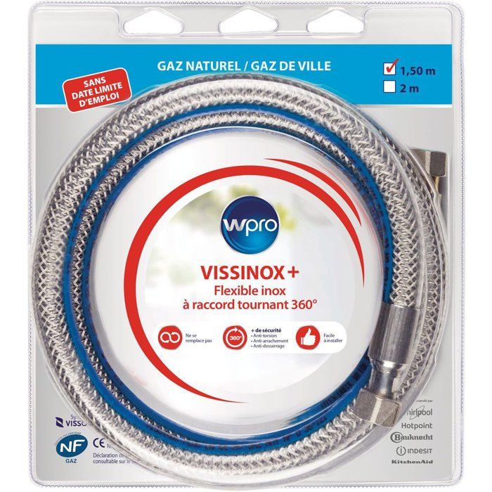 Stainless Steel Gas Hose - WPRO - TNV150 - Natural Gas - Anti-Kink - 1.5 m