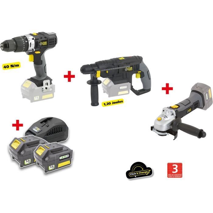 X-FIT PACK 'BIG WORK' 3 machines 18V + 2 batteries 18V 3.0Ah: Drill / screwdriver + Perfo hammer + Angle grinder