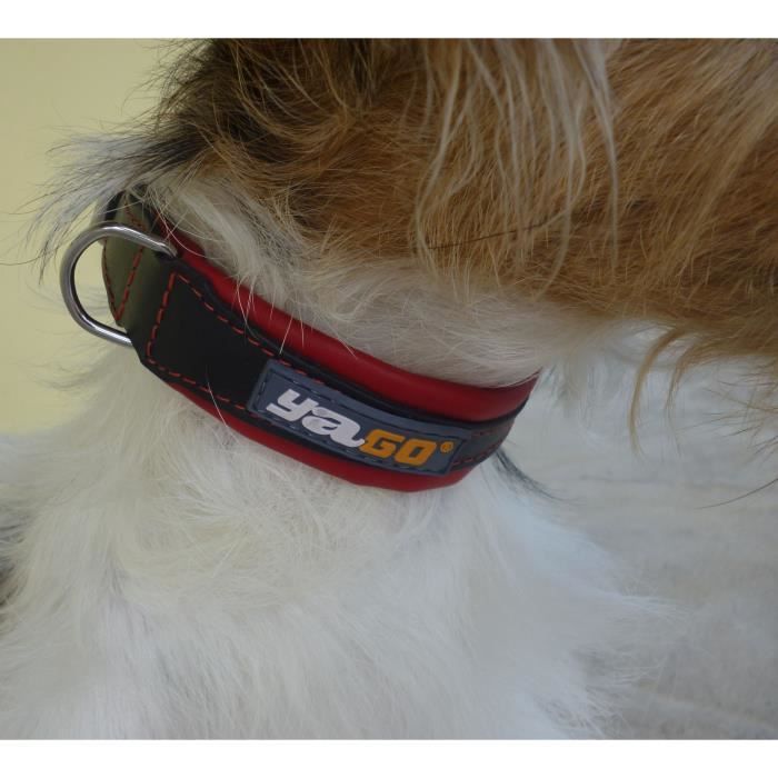 YAGO Soft and Adjustable Black and Red Leather Collar for medium dogs, size M 34-43 cm