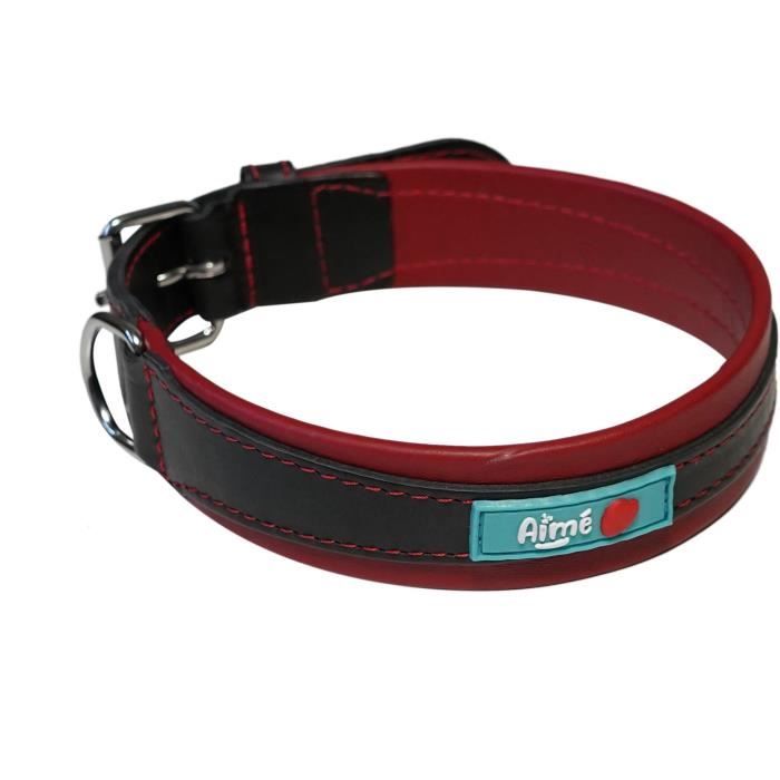 YAGO Black and Red Leather Collar Soft and Adjustable for Large Dog, size L 43-52 cm