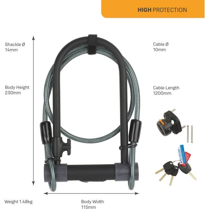 YALE U Security Lock - Sold Secure Silver Certified + Cable - For Bike, ATV - 230 x 115 x 13 mm