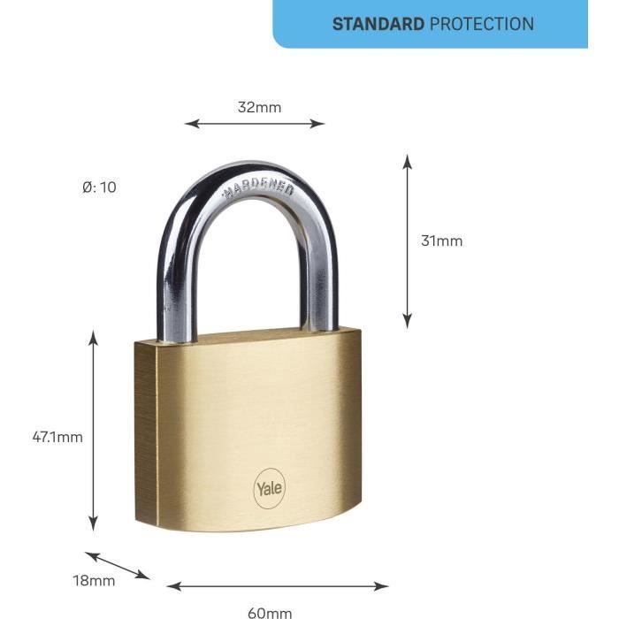 Brass padlock - YALE - Y110B/60/132/1 - 60 mm - Hardened steel shackle - 3 keys - For access hatches, chains, ladders, gates