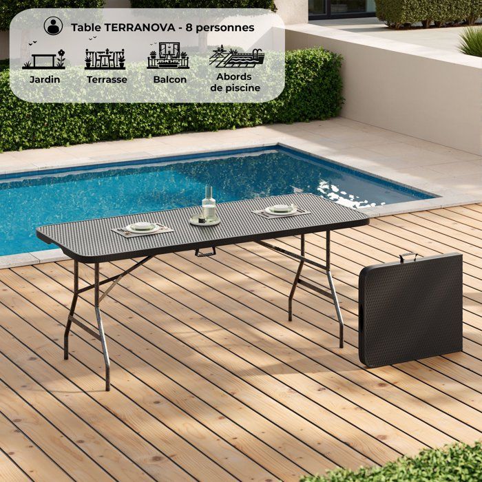Folding reception table 8 people 180x74 x73.5cm - Steel structure and Polyethylene top - woven resin look - Black